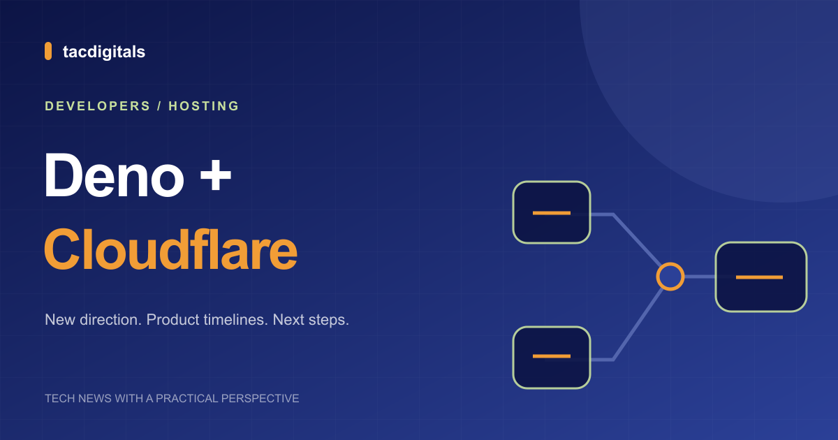Original Tacdigitals editorial illustration for Deno joins Cloudflare: what changes for the runtime and Deno Deploy.