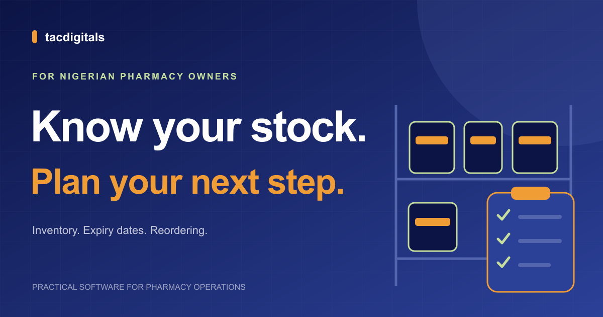 Original Tacdigitals illustration of stock shelves and an inventory checklist for a Nigerian pharmacy.