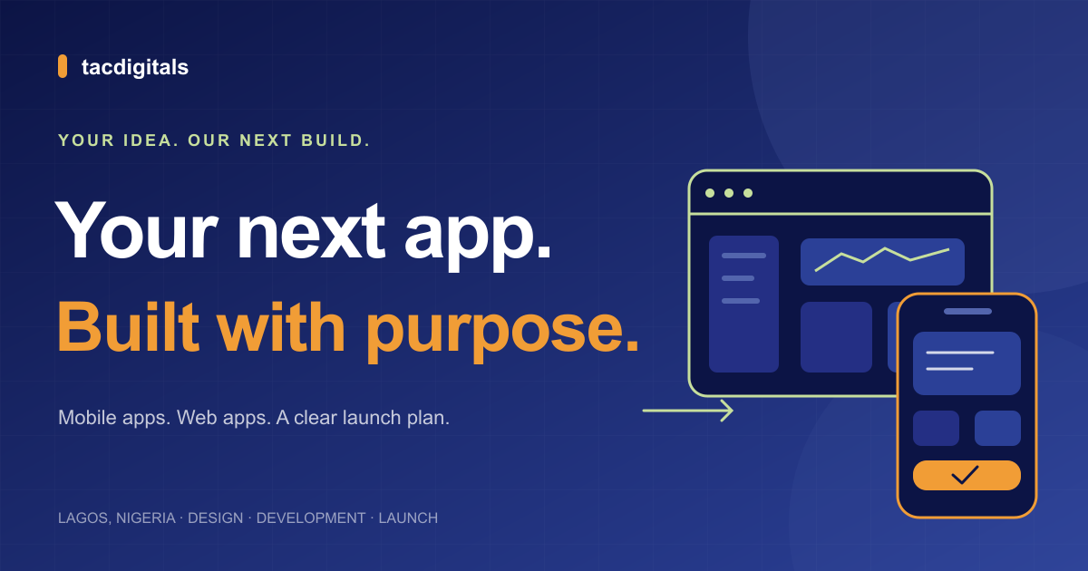Tacdigitals illustration of connected mobile and web interfaces, with the words Your next app. Built with purpose.