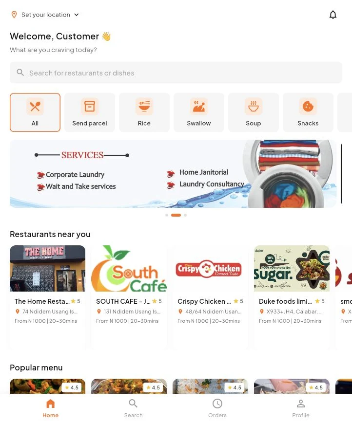 Fasdex home screen with food categories and nearby restaurants